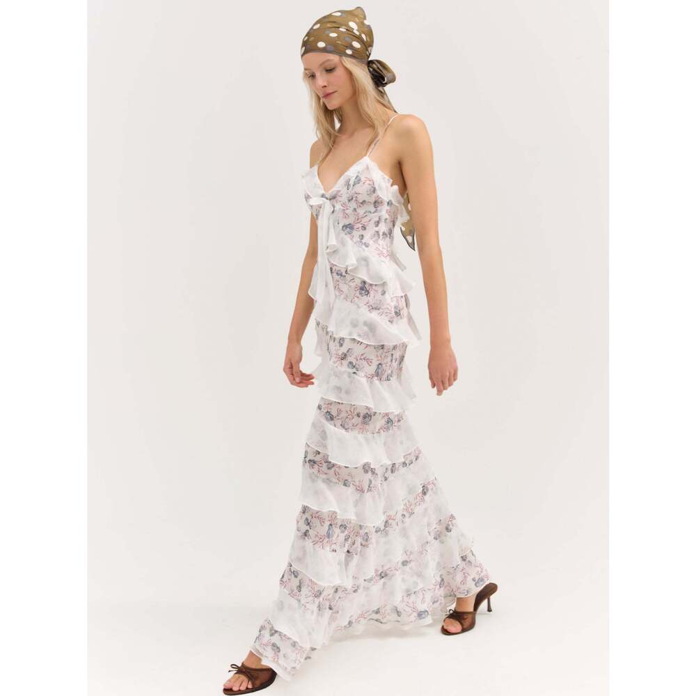 For Love & Lemons Debby Ruffled Maxi Dress S / White